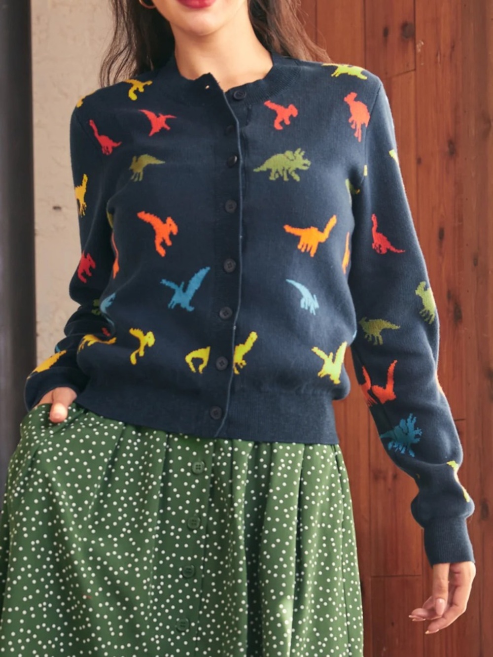 Modcloth Old Soul Classic Dino Cardigan Large Colorful Dinosaur Print EUC - Picture 4 of 12